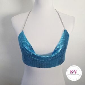 Blue sequin crop halter top with silver chain straps